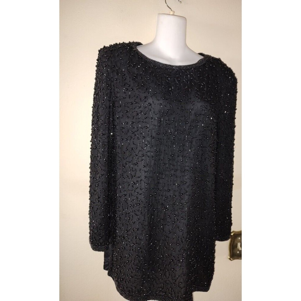 Women's Vintage Papell Boutique Evening Beaded Black Silk Tunic Top Size S